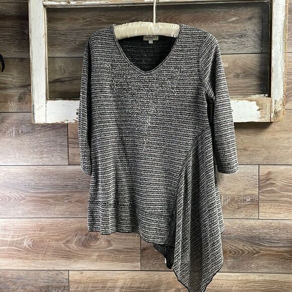 One World Ladies Scoop Neck Asymmetrical Tunic,Size Petite M,Black w Rhinestones - Picture 2 of 7